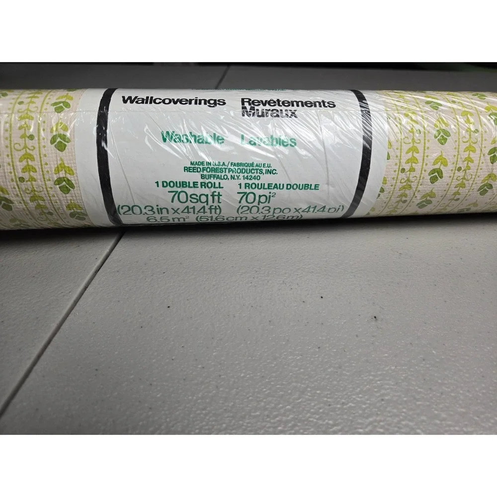Vintage 70's Birge Cottagecore Green Floral‎ Vine Washable Wallpaper 70sq USA